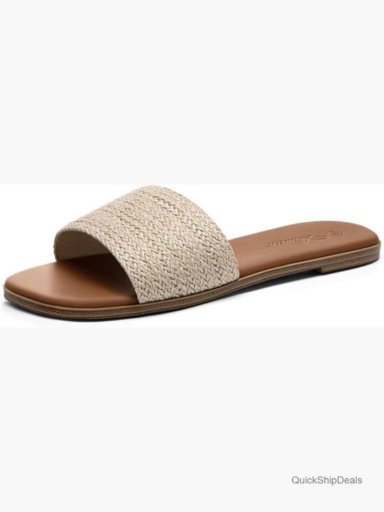 Shoes - Raffia Square Toe Slip On Flat Sandals with Cushioned Footbed Non Slip Sole